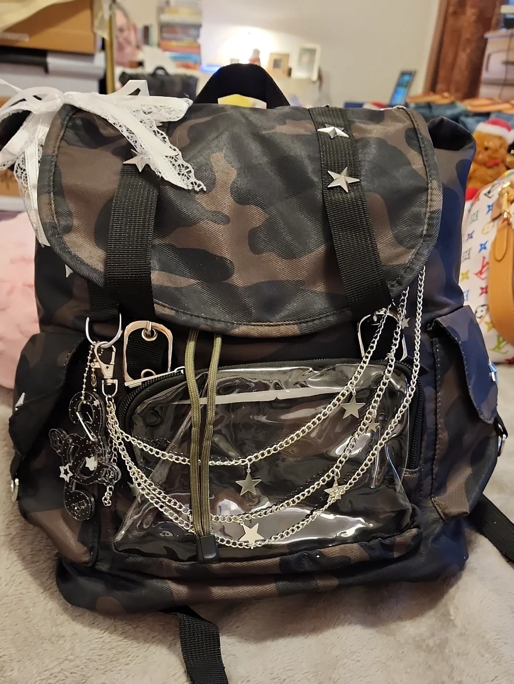 Y2K PunkCamo Backpack with Charms